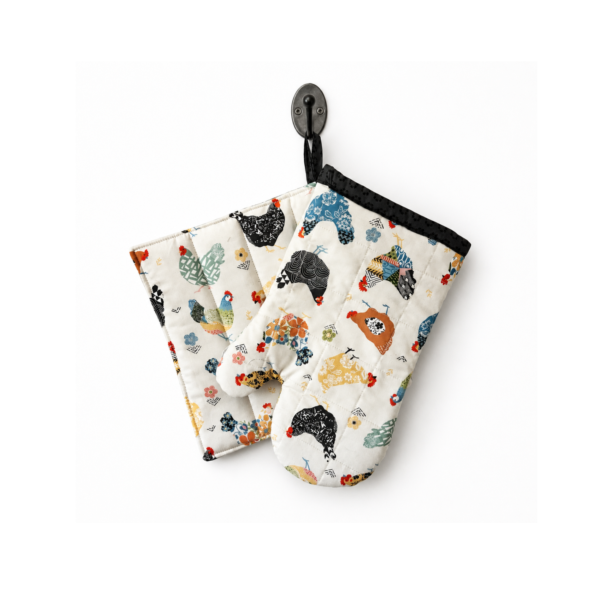 Handmade chicken print pot holder and oven mitt set