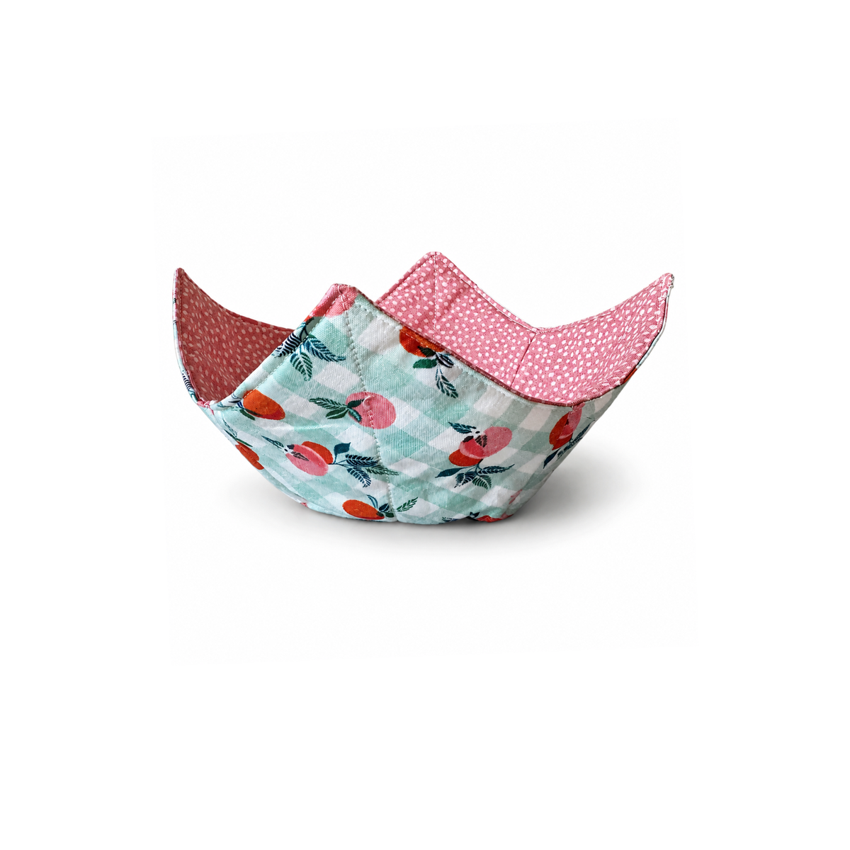 Handmade peach and gingham microwave bowl cozy