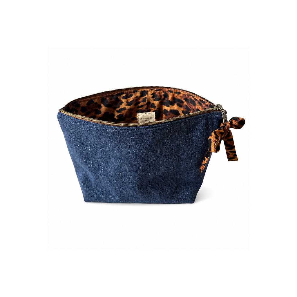 Denim zippered makeup bag with leopard print lining