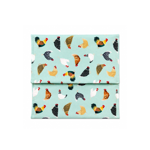 Handmade microwave potato bag with chicken print in kitchen