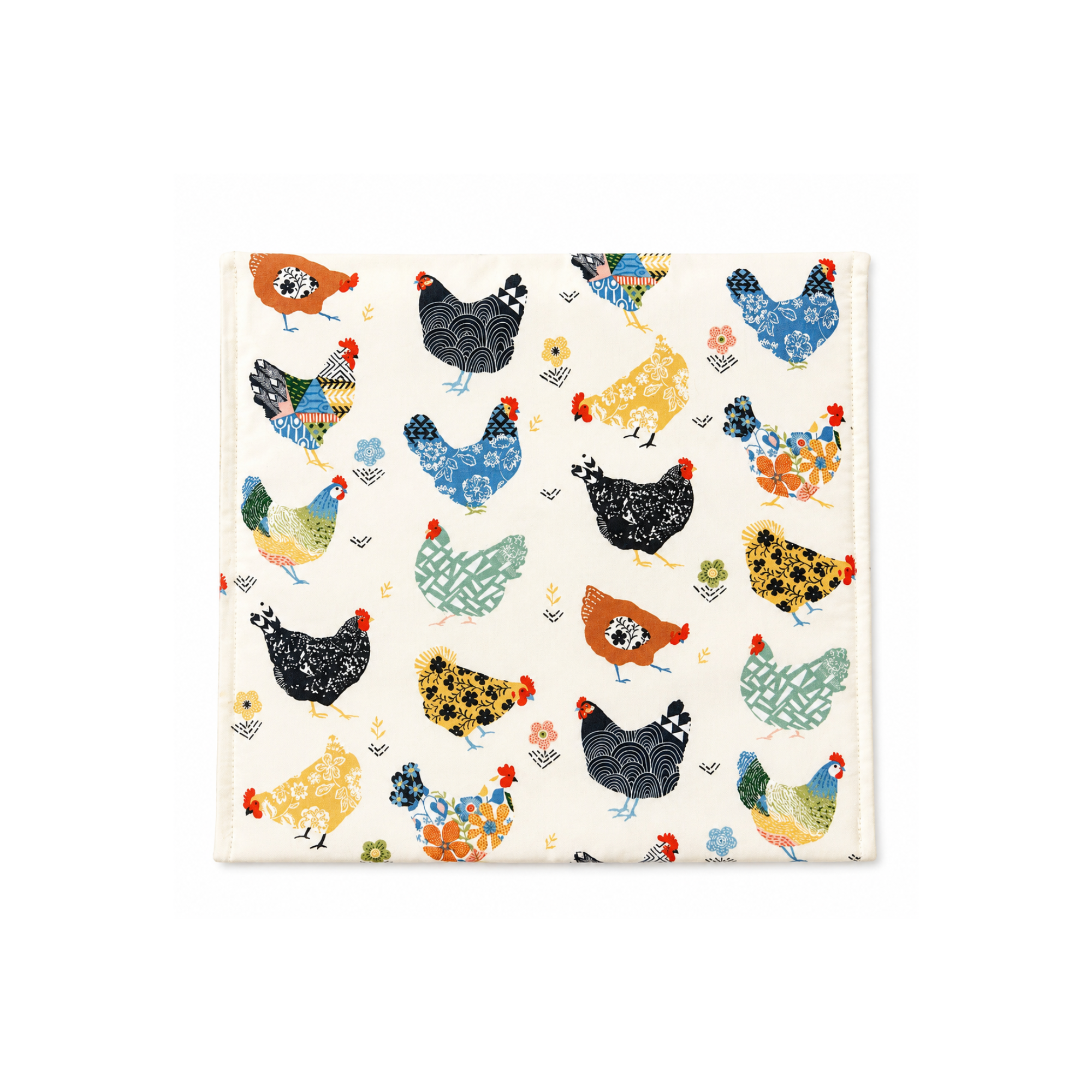Handmade cotton microwave potato bag with cheerful hen print