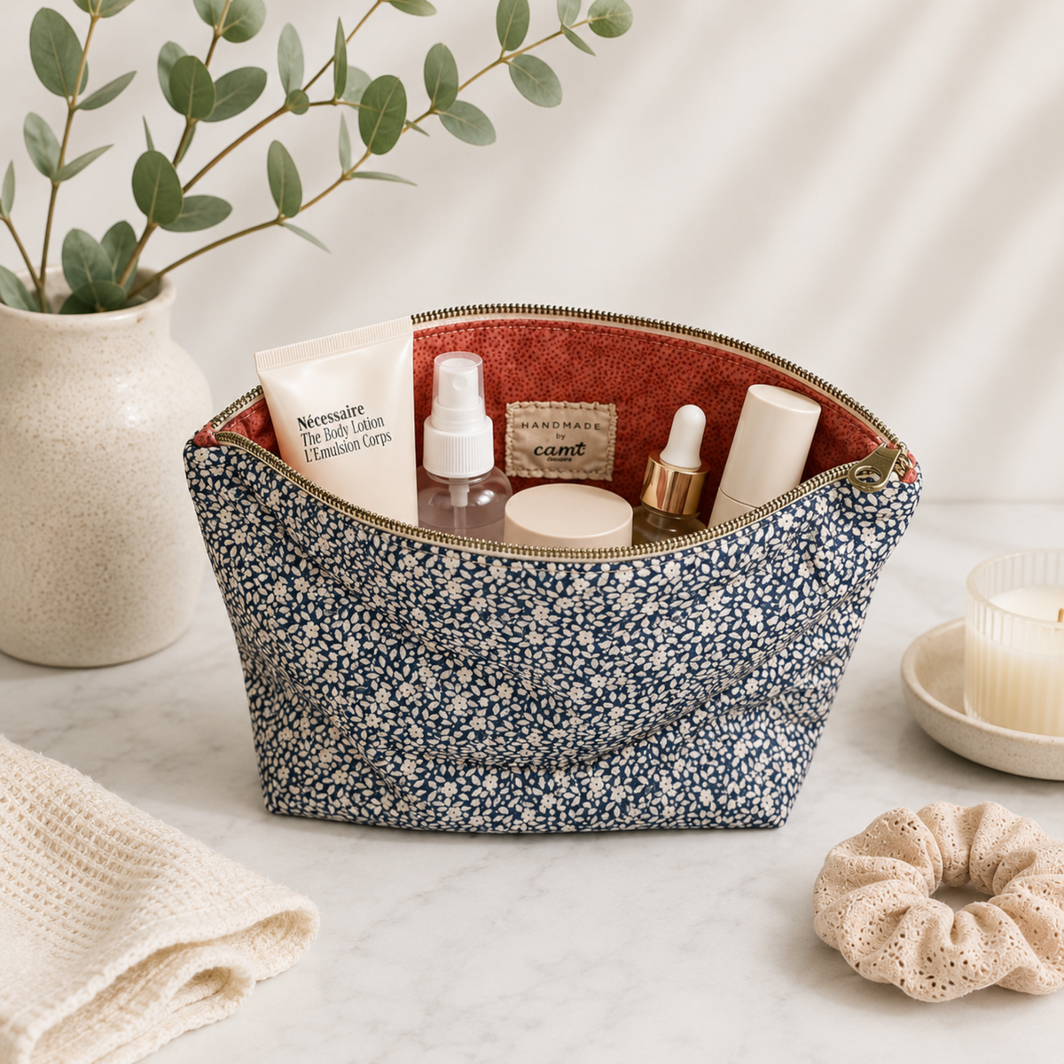 Floral cosmetic organizer and travel makeup bag