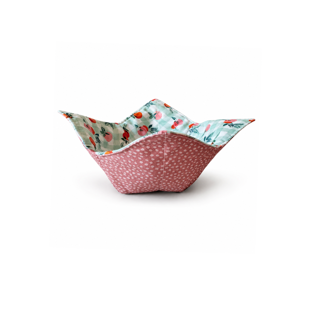 Cotton microwave bowl holder with peach and gingham print and polka dots