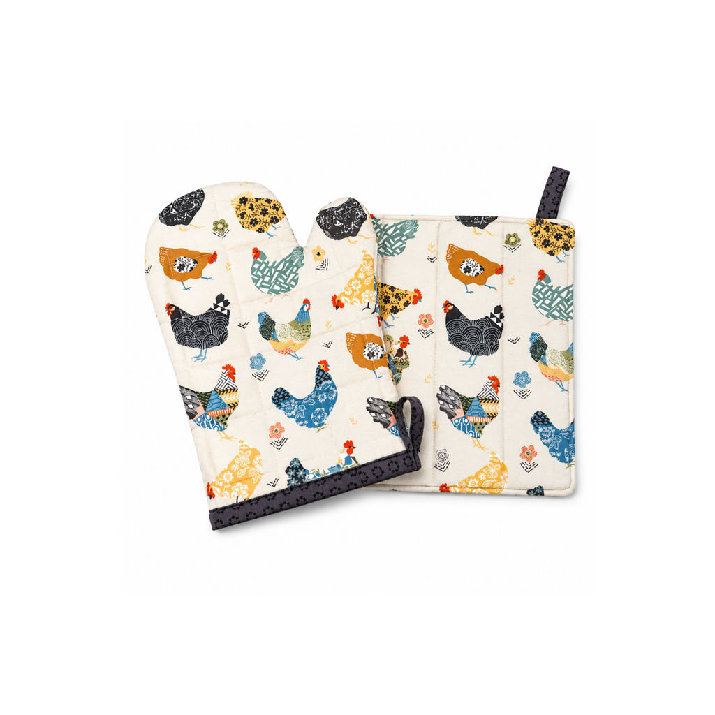 hicken print padded oven mitt and pot holder