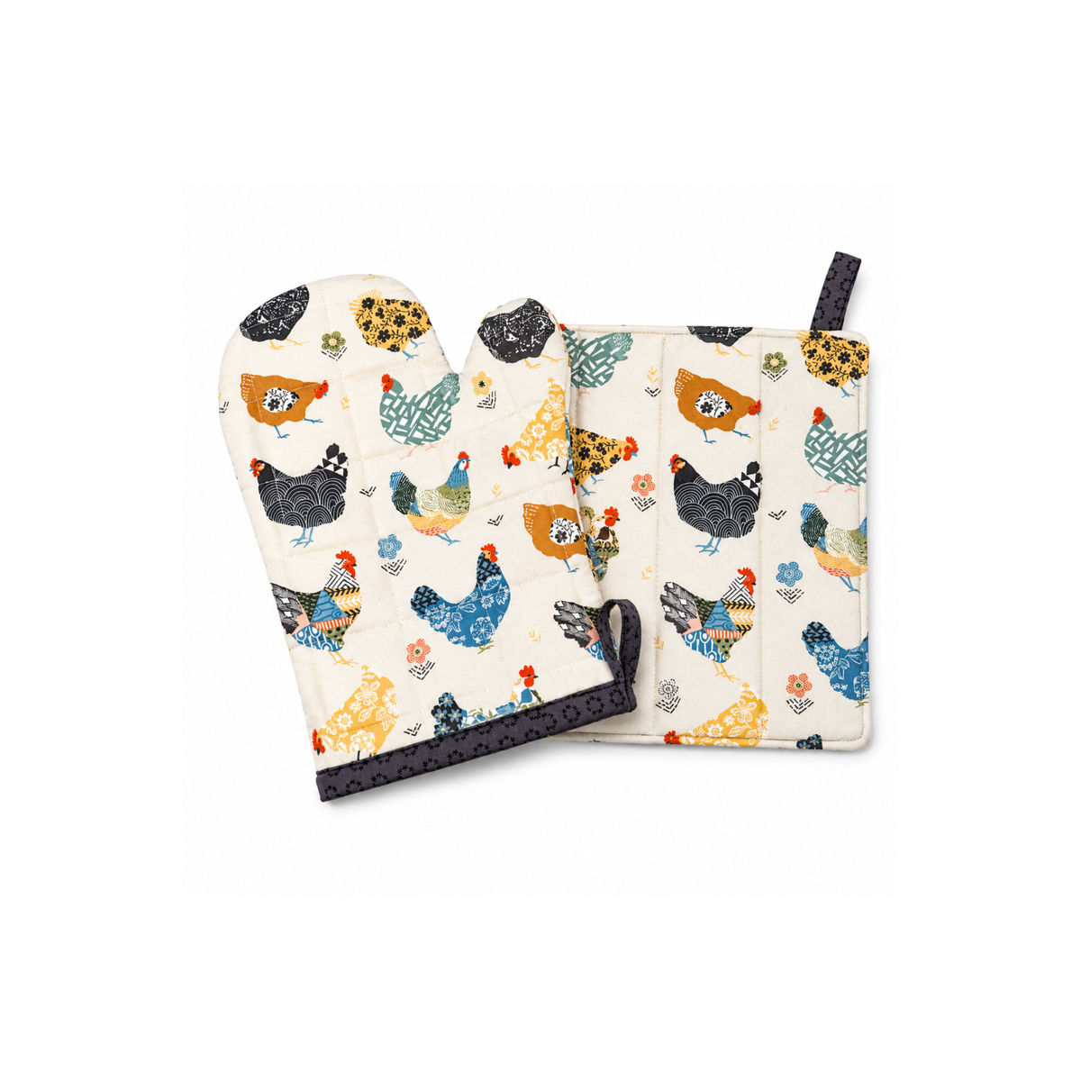 hicken print padded oven mitt and pot holder