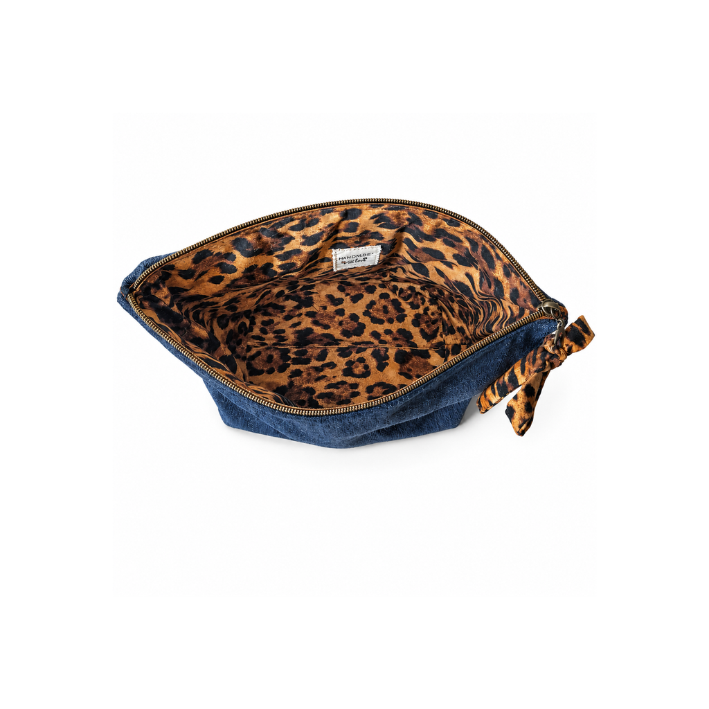 Soft denim cosmetic organizer with leopard lining