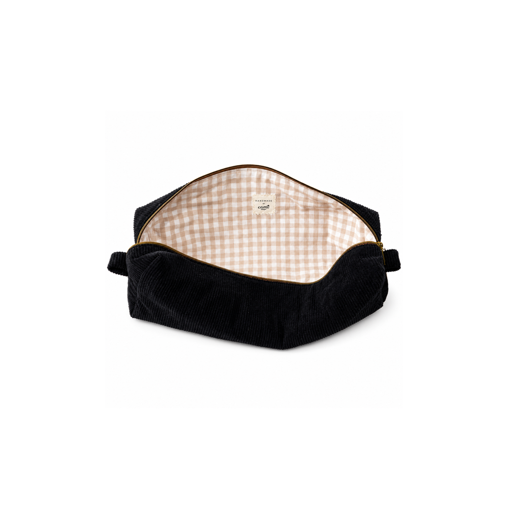 Corduroy hair styling tool travel bag with zipper. Checkered cotton fabric