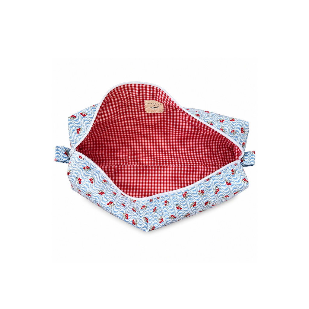 Hair styling tool travel bag with zipper closure. red gingham pattern.