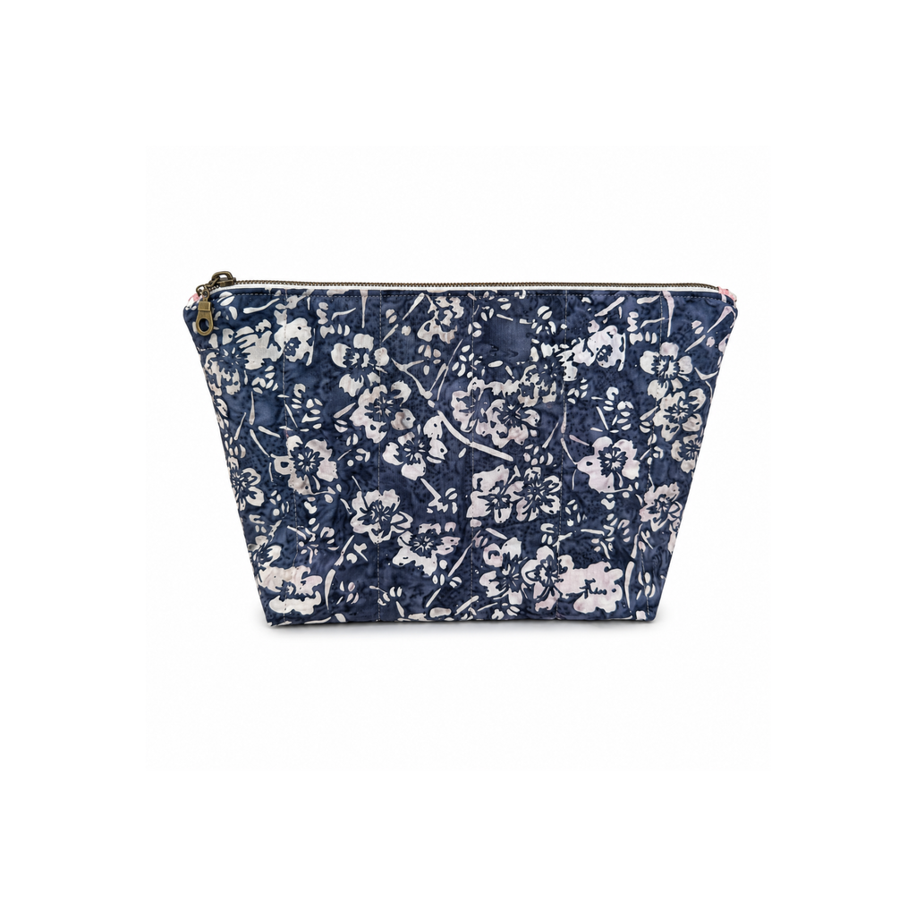 Handmade dark floral quilted cosmetic and makeup bag, blue floral