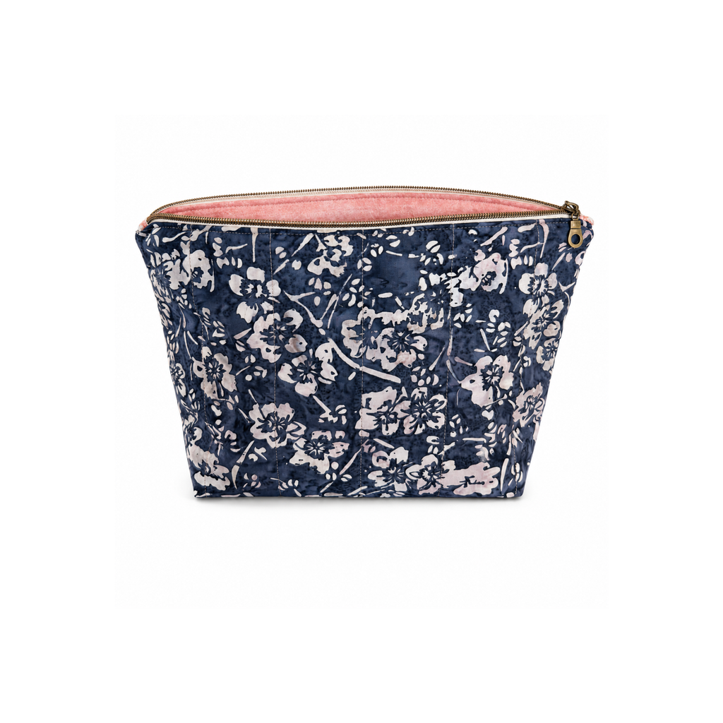 Dark Blue floral zippered makeup bag and organizer
