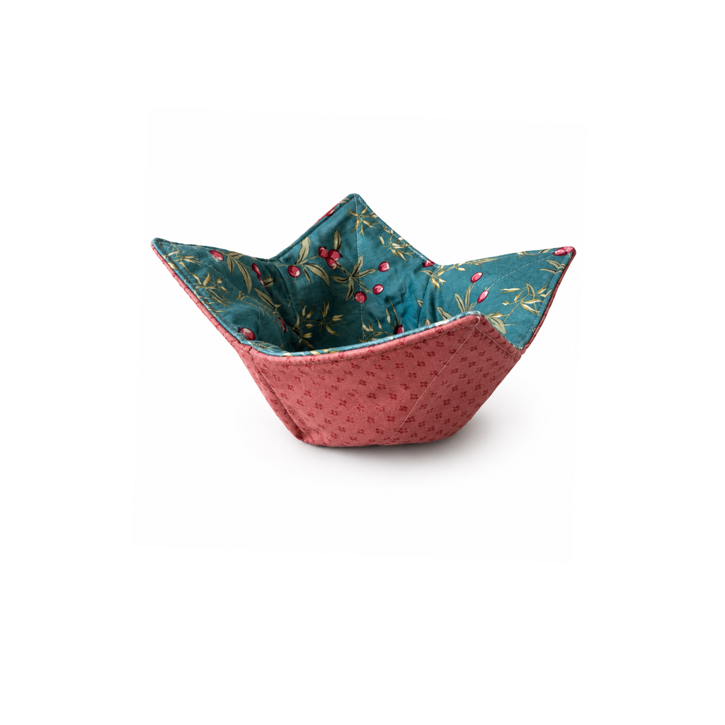 Cotton microwave bowl holder with berry branch and coral print