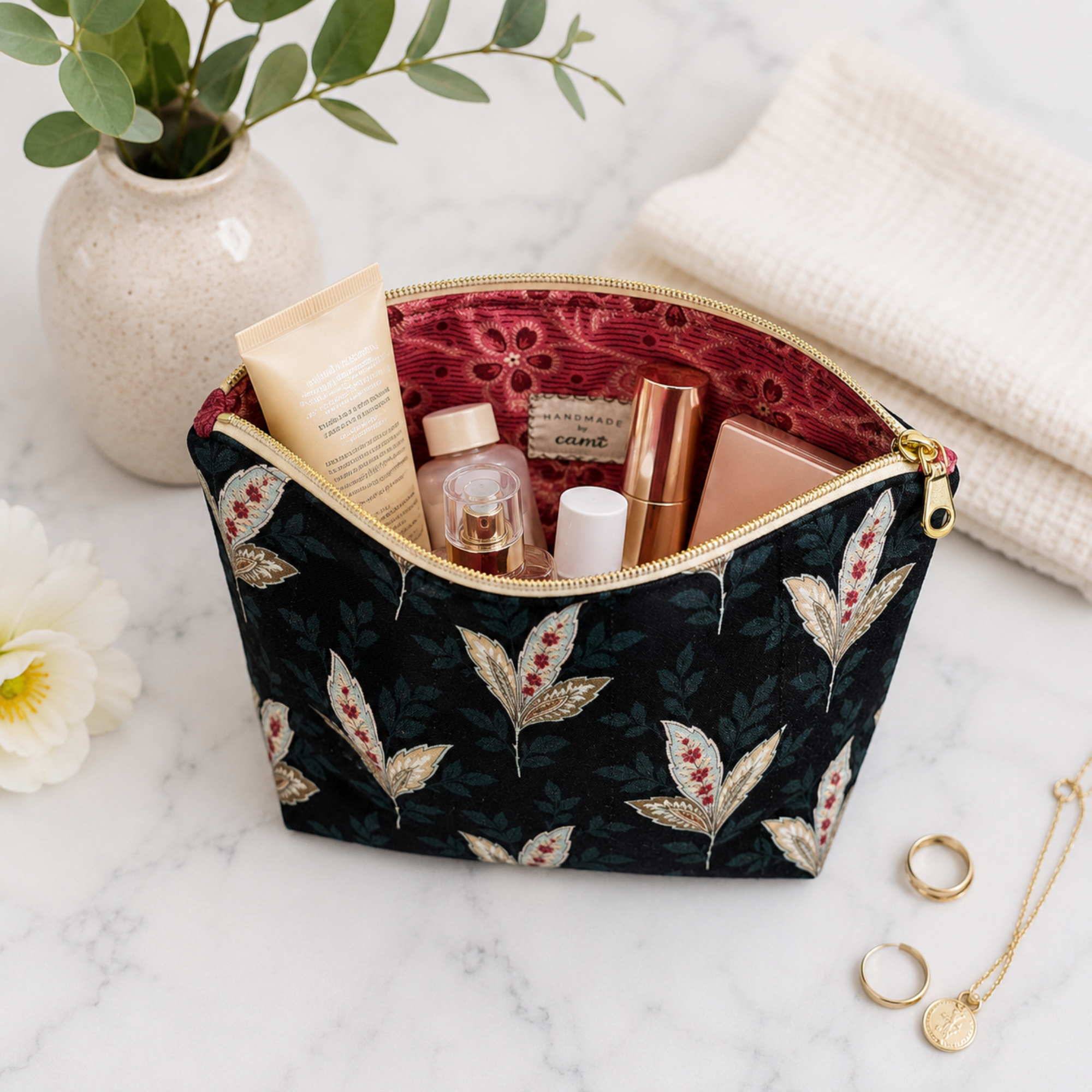 Floral cosmetic organizer and travel makeup bag