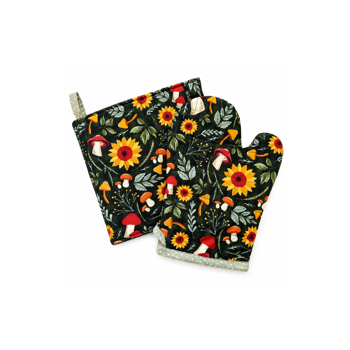Sunflower print padded oven mitt and pot holder