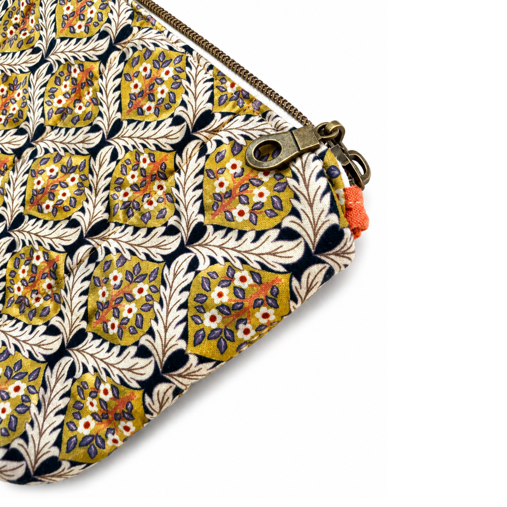 Zippered fabric makeup and toiletry bag with botanical print, antique bronze zipper