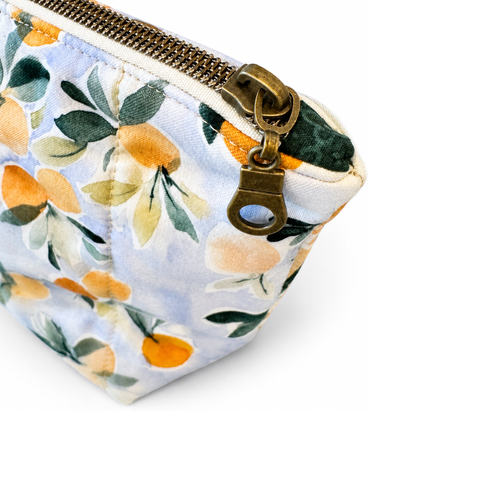 Citrus zippered makeup bag and organizer, Handmade quilted toiletry bag with citrus print