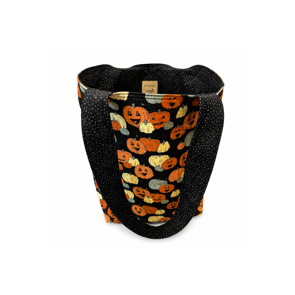 Reusable fabric trick or treat bag with pumpkin print