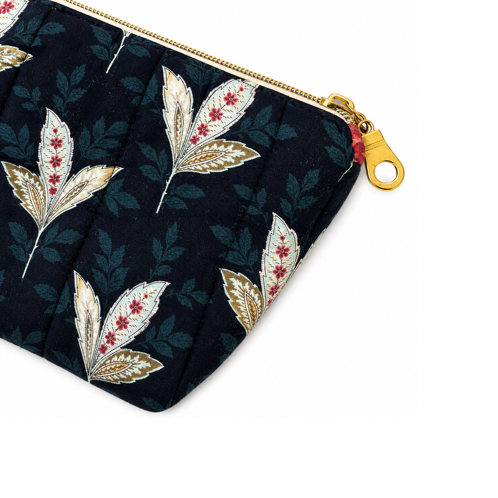 Dark botanical zippered makeup bag and organizer, gold zipper