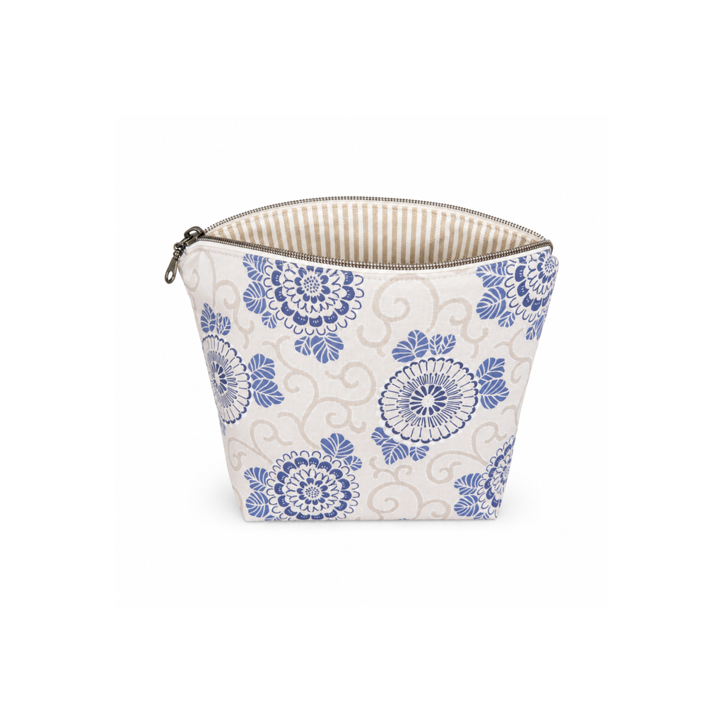 Handmade blue floral quilted cosmetic and makeup bag