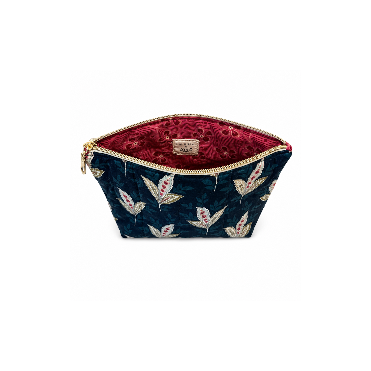 Dark botanical zippered makeup bag and organizer, pink floral