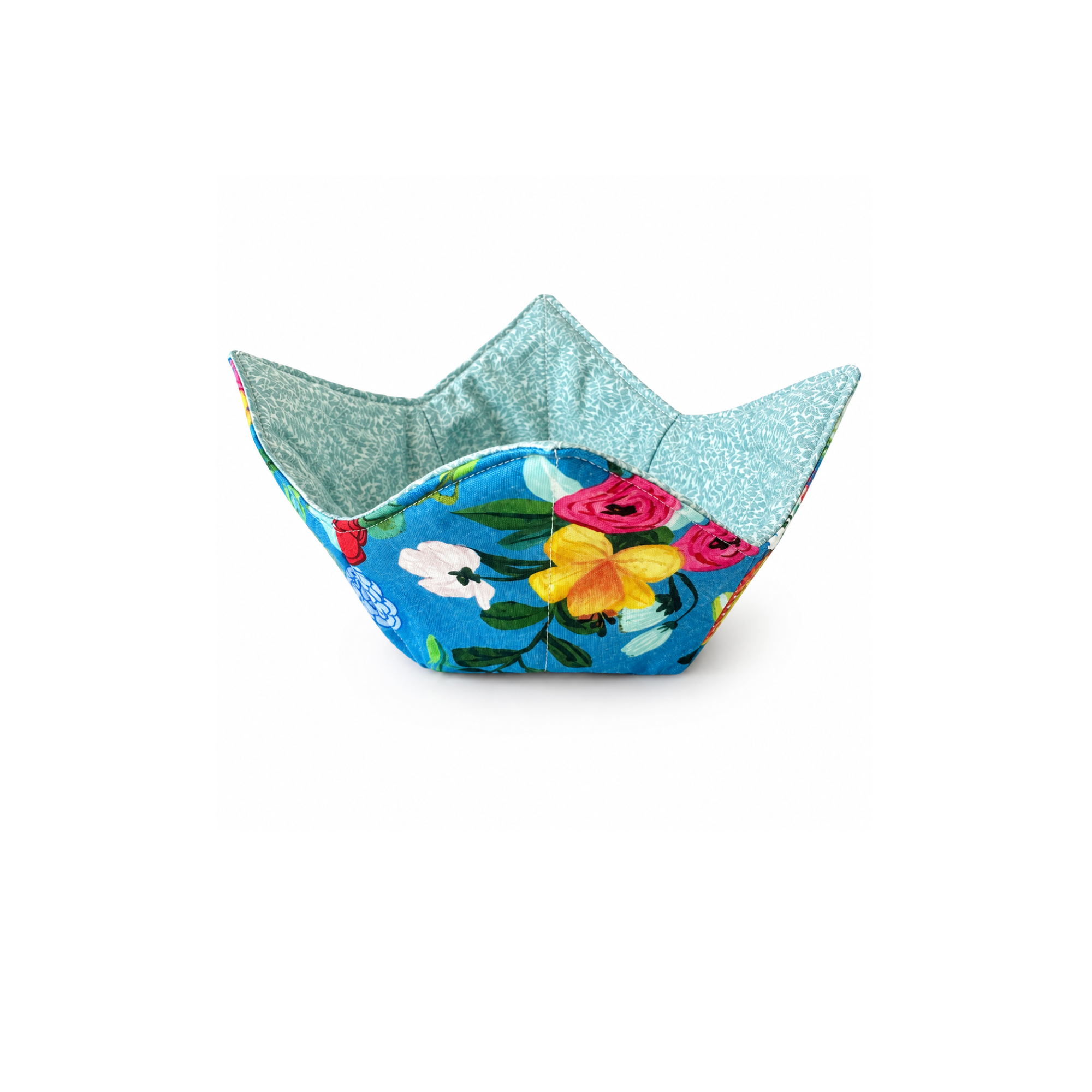 Handmade floral microwave bowl cozy with colorful garden print