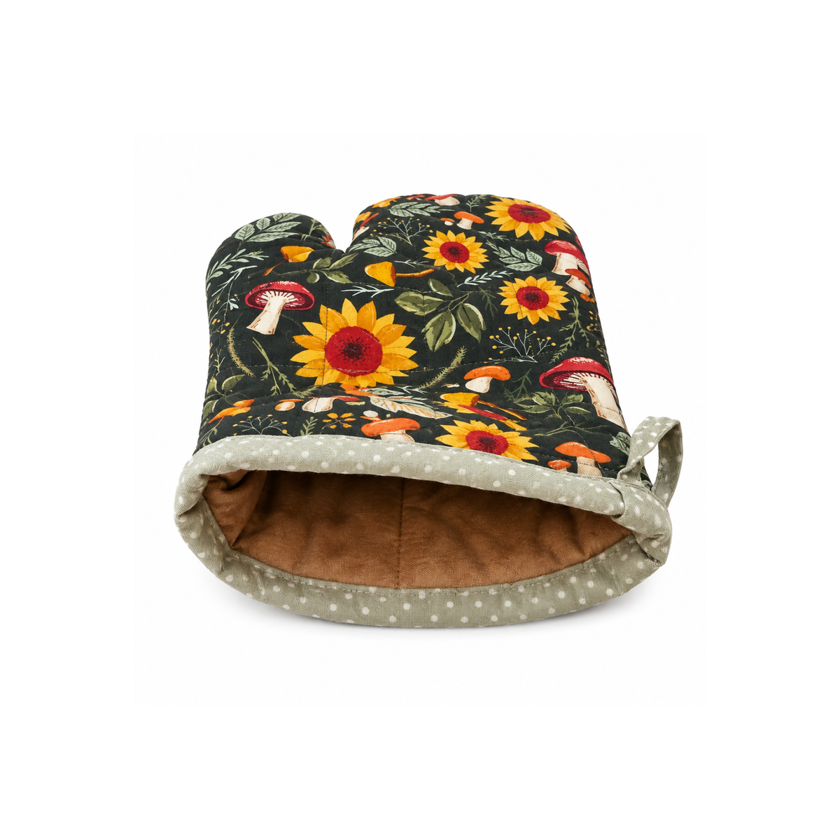 Padded fabric pot holder and oven mitt with sunflower print
