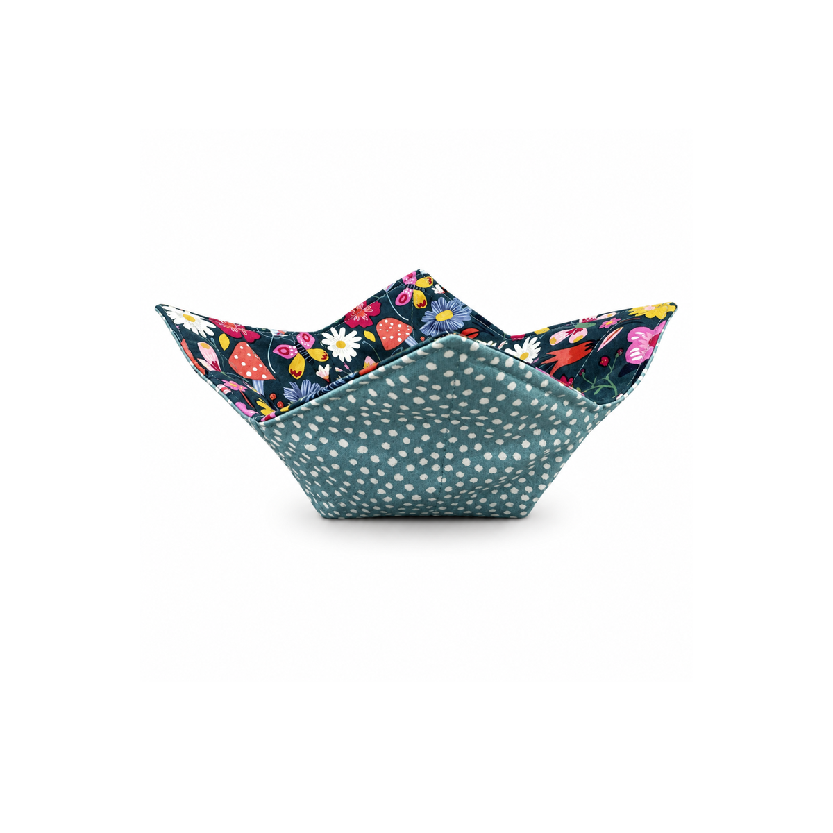 Cotton microwave bowl holder with garden mushroom print and polka dots