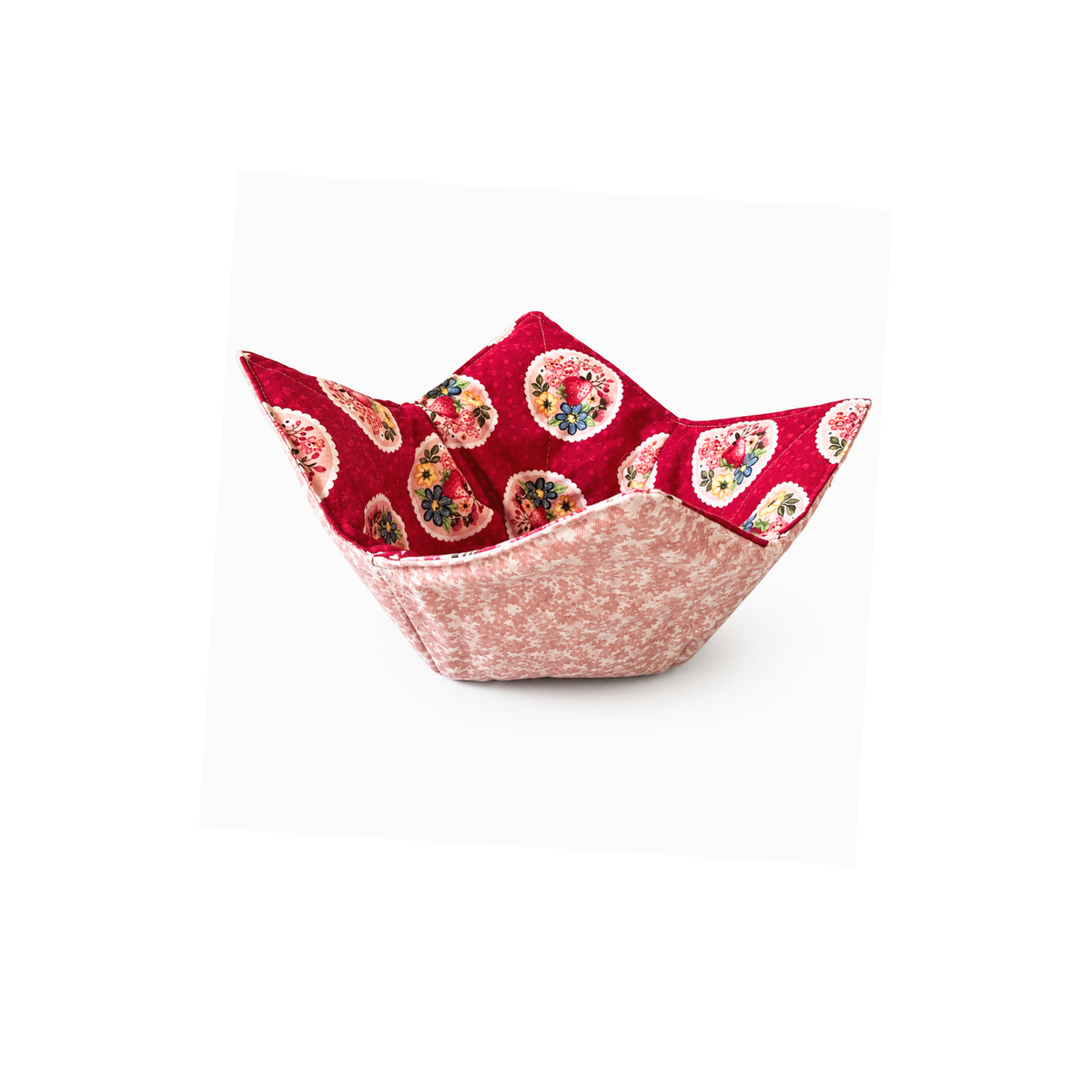 Cotton microwave bowl holder with pink strawberry print