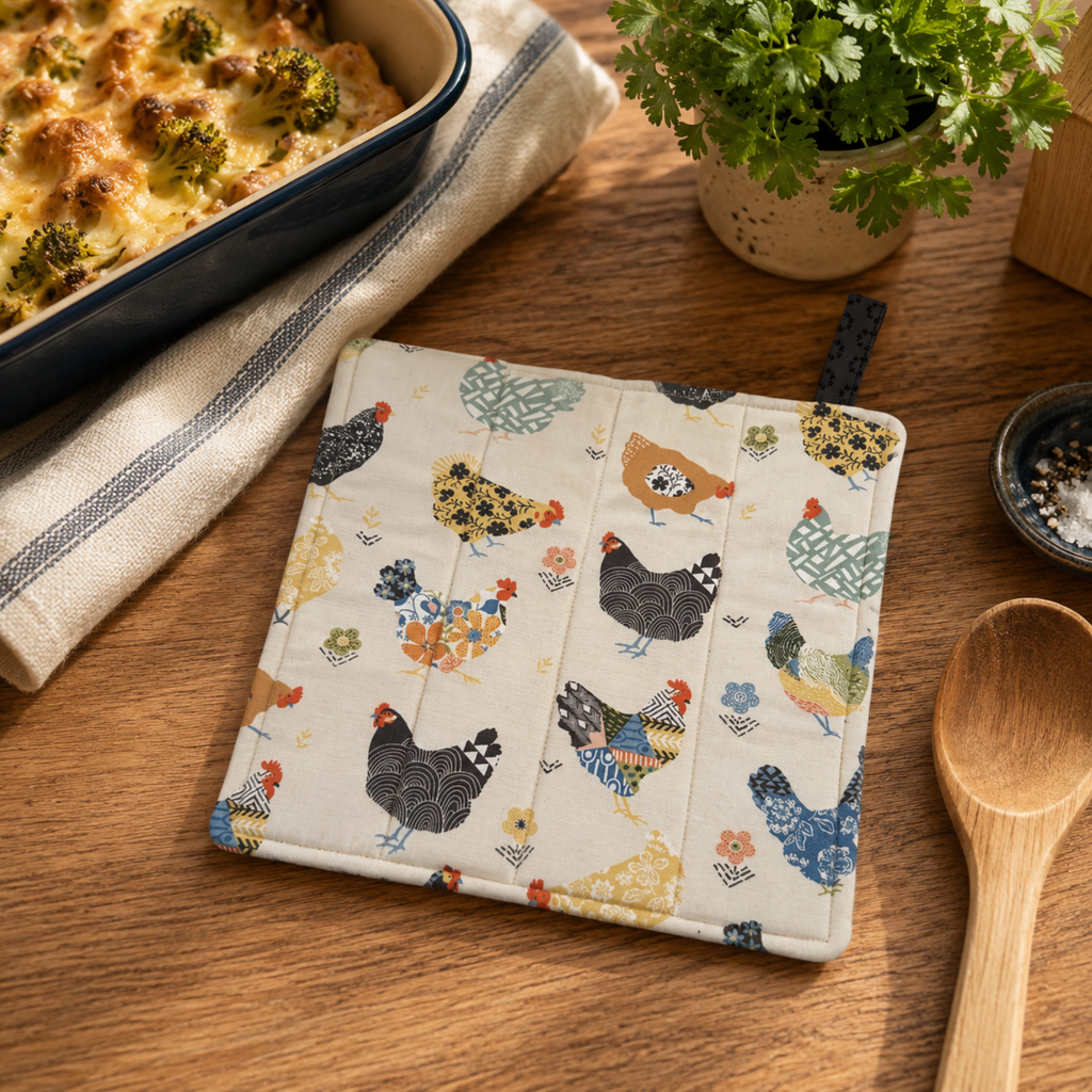 added fabric pot holder and oven mitt with hen print