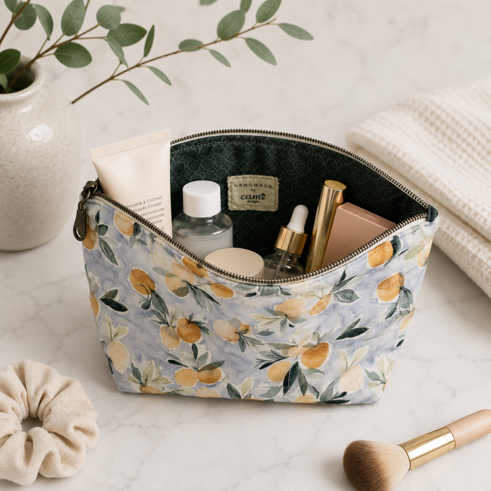 Handmade citrus print quilted cosmetic bag