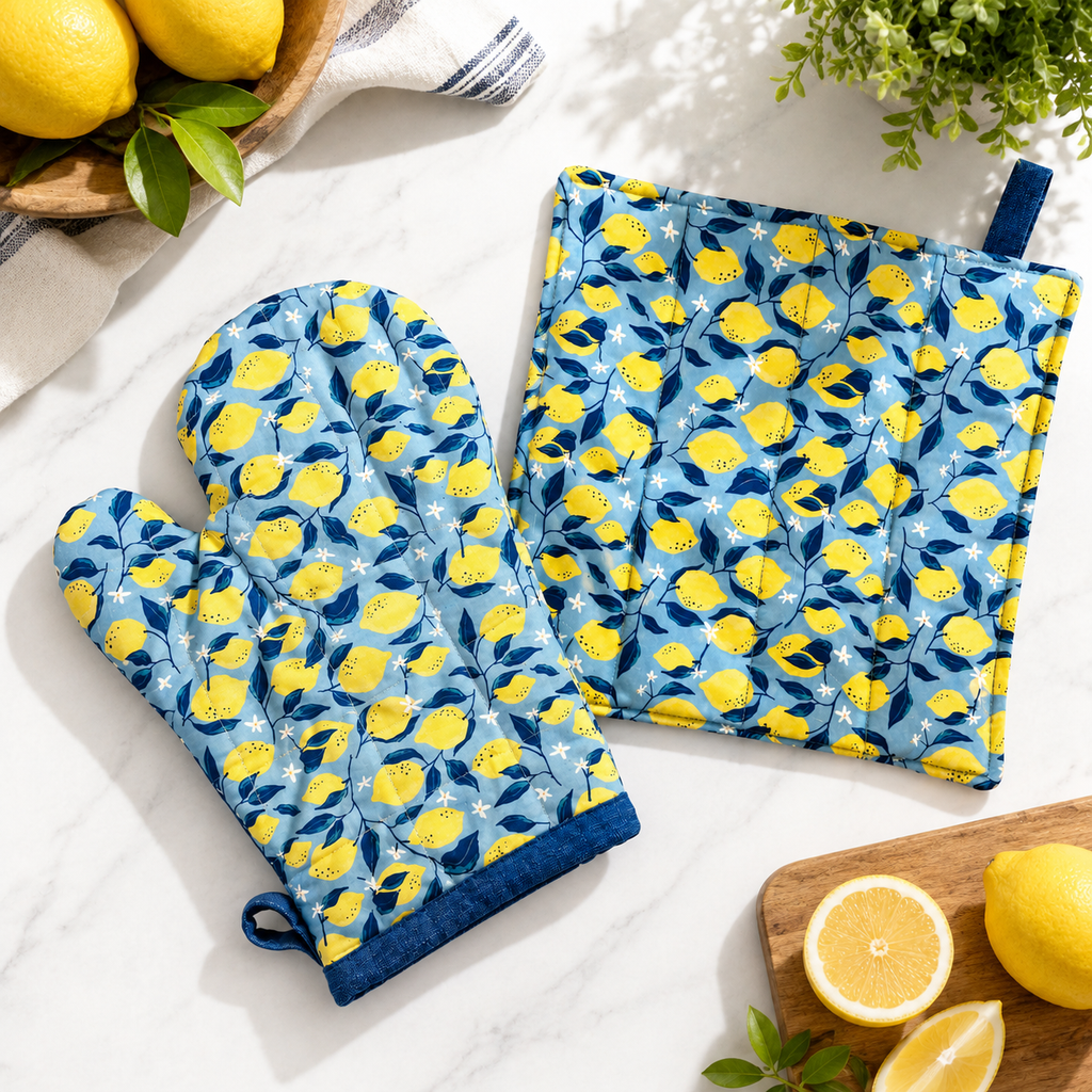 Handmade lemon print pot holder and oven mitt set