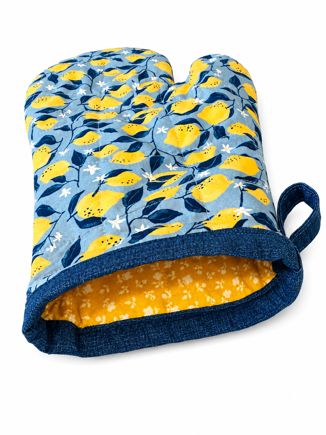 Padded fabric oven mitt with lemon print