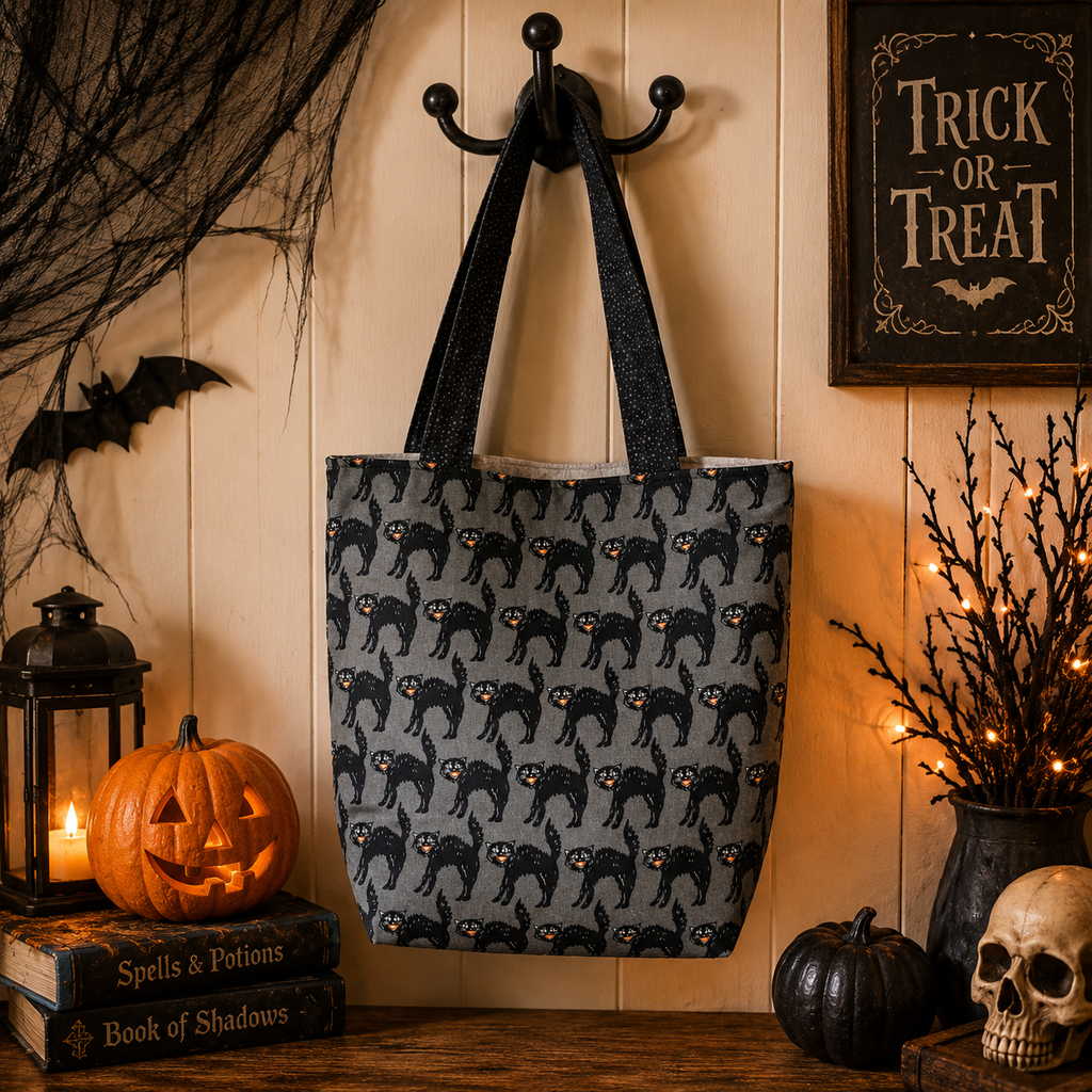 A gray fabric tote bag with a black cat pattern hangs from a black wall hook in a Halloween-themed room. The bag features black cats with glowing orange eyes.