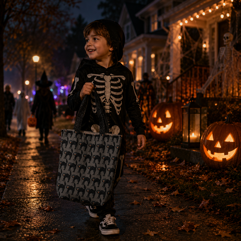 A child wearing a black skeleton-print hooded costume walks down a Halloween-lit street carrying a large tote bag with a black cat pattern. Houses, pumpkins, string lights, and cobblestone pavement are visible in the background.