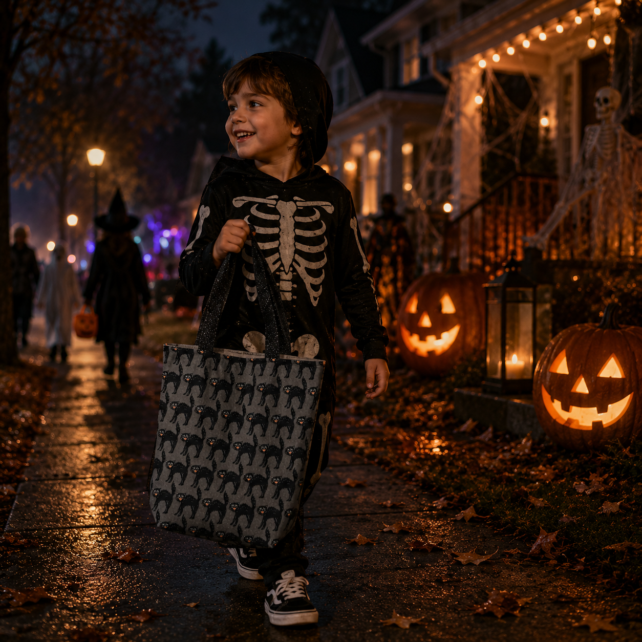 A child wearing a black skeleton-print hooded costume walks down a Halloween-lit street carrying a large tote bag with a black cat pattern. Houses, pumpkins, string lights, and cobblestone pavement are visible in the background.