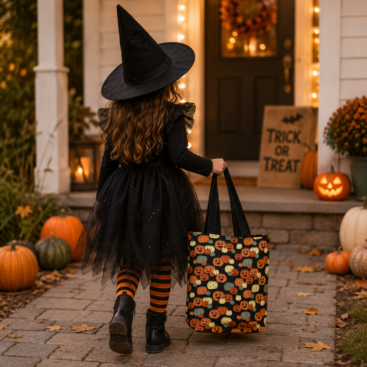 A young girl in a black witch costume with a pointed hat, striped tights, and black boots walks away from the camera carrying a large black tote bag covered in a colorful pumpkin print, set against a cozy Halloween porch decorated with pumpkins and warm string lights.