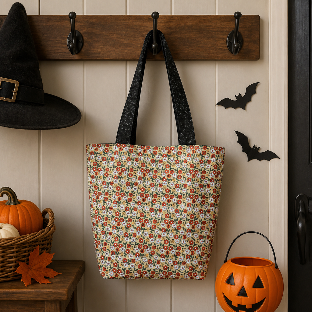 A fabric tote bag with a red, orange, and green floral pattern and black glittery shoulder straps hangs from a black hook on a wooden wall rack. The scene is decorated for Halloween with a witch hat, pumpkins, a jack-o'-lantern bucket, and bat cutouts against a beige paneled wall.