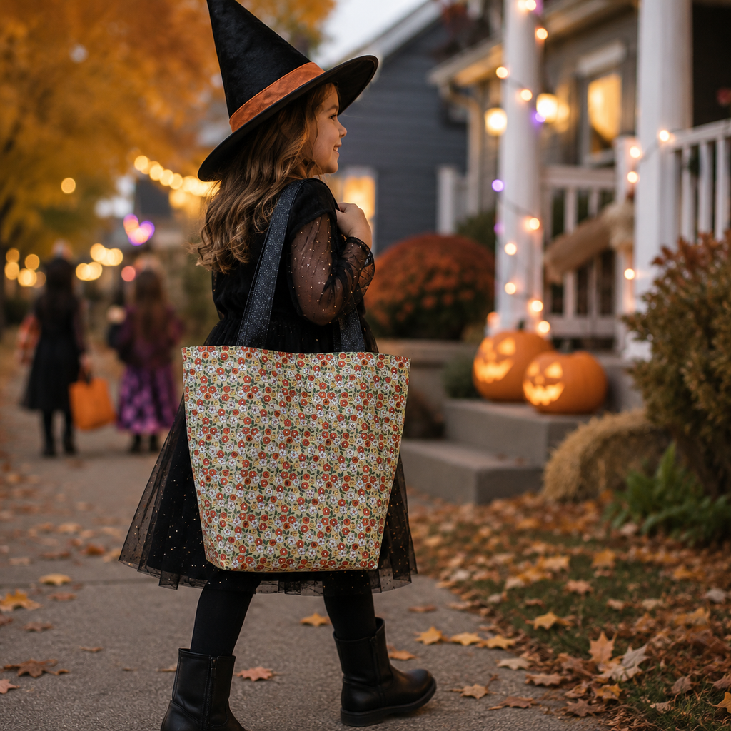 Reusable fabric trick or treat bag with floral pumpkins