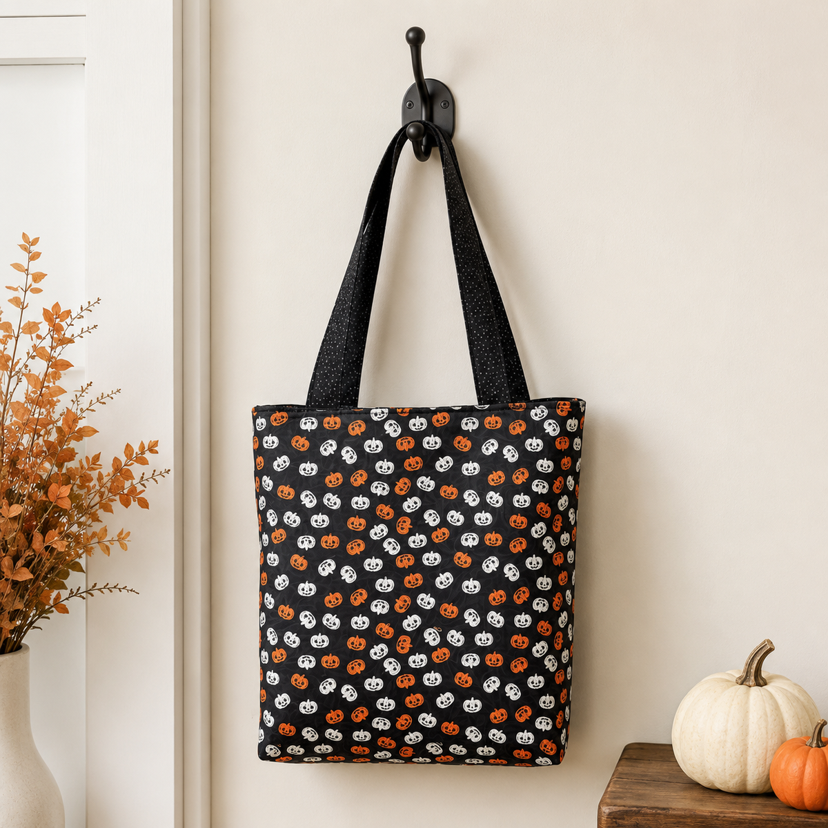 Handmade pumpkin print Halloween candy tote