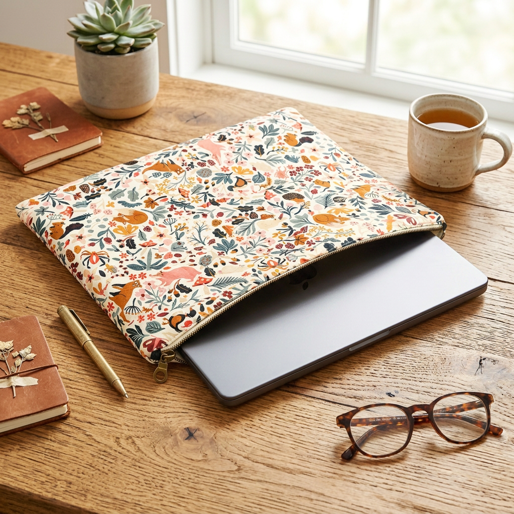 Handmade floral laptop sleeve with protective padding