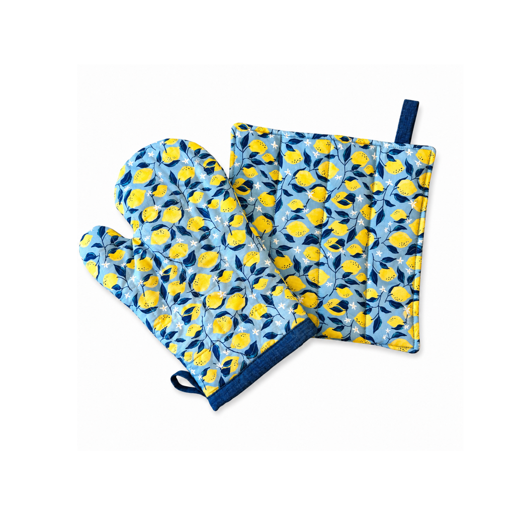 Handmade lemon oven mitt and pot holder kitchen set