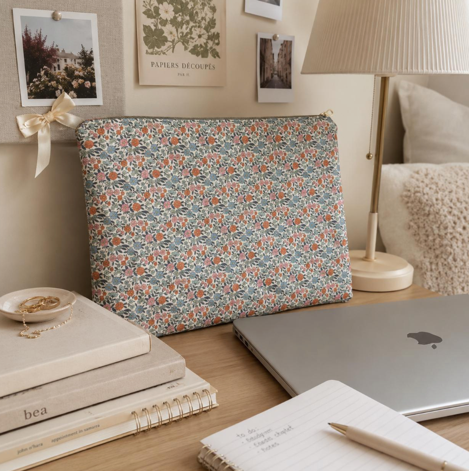 Padded floral computer sleeve handmade from cotton fabric